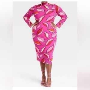 Sammy B Target Pink Feather Lips Print Long Sleeve Midi Dress Mesh Plus XXL